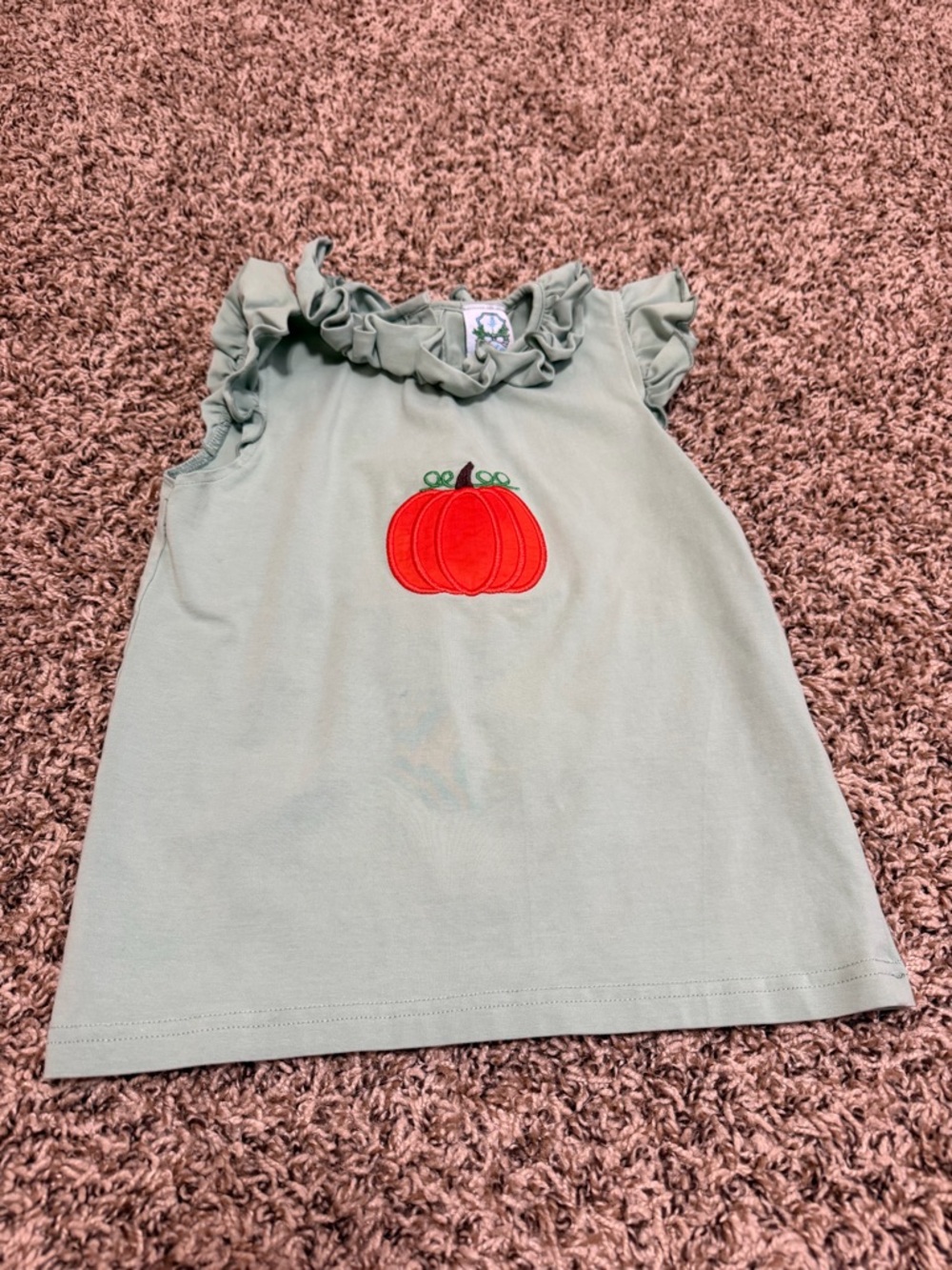 Girls' Sage Ruffle Tank Top with Pumpkin Appliqué
